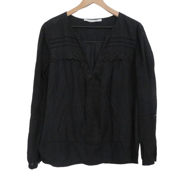 Diane Von Furstenberg Black Andrea Silk Cotton Blend Long Sleeve Lace Strip Top - Picture 1 of 10